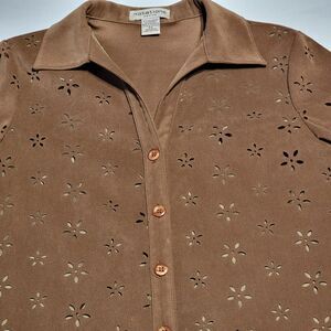 Notations Full Button LS Blouse Dark Brown w/ cut out flowers Size Small Petite